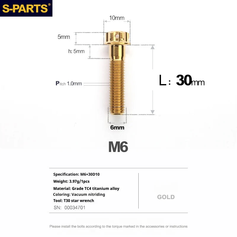 S-PARTS A3 M6 Titanium Bolts — 8–120mm — Gold — L30mm semi-threaded 25mm