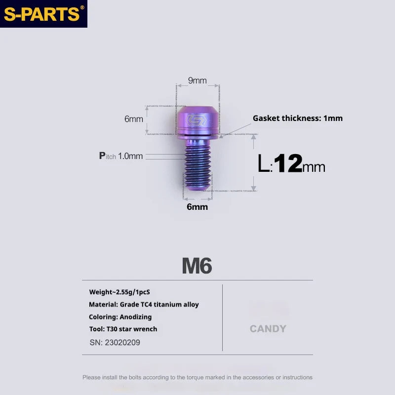 S-PARTS A2 M6 TC4 Titanium Bolts — 10–55mm — Multiple Colors — L12mm / Candy