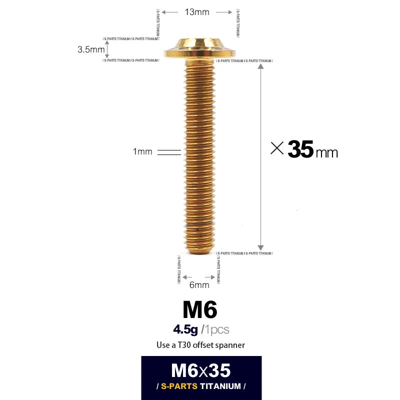 S-PARTS A3 D13 M6 Umbrella Head Titanium Bolts — 8–45mm — D13 M6×35mm / Gold