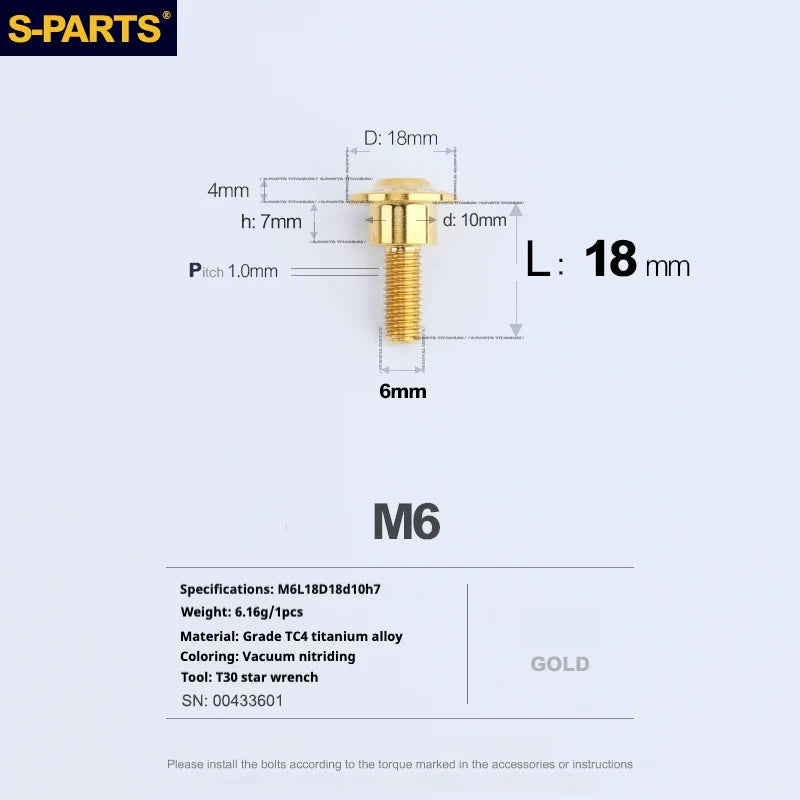 S-PARTS A3 M6 Umbrella Head Step Bolts — Gold — 36 Specifications — L18 D18 step screws D10 H7