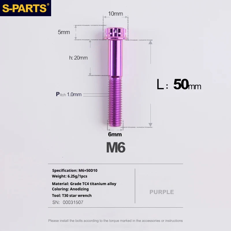 S-PARTS A3 M6 Titanium Bolts — 8–120mm — Purple — L50mm