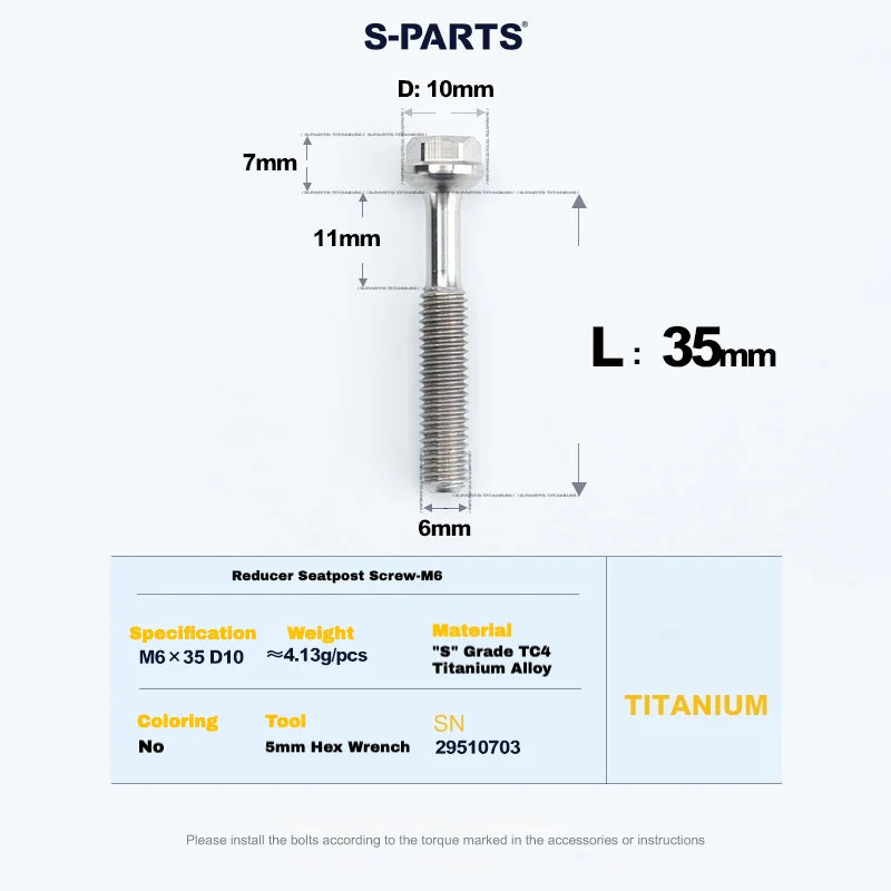 S-PARTS M6 Titanium Seatpost Step-Down Bolt & Nut Kit — 22 / 30 / 35 / 40mm — 35mm