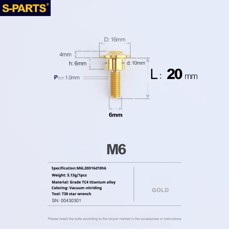 S-PARTS A3 M6 Umbrella Head Step Bolts — Gold — 36 Specifications — L20 D16 step screws D10 H6