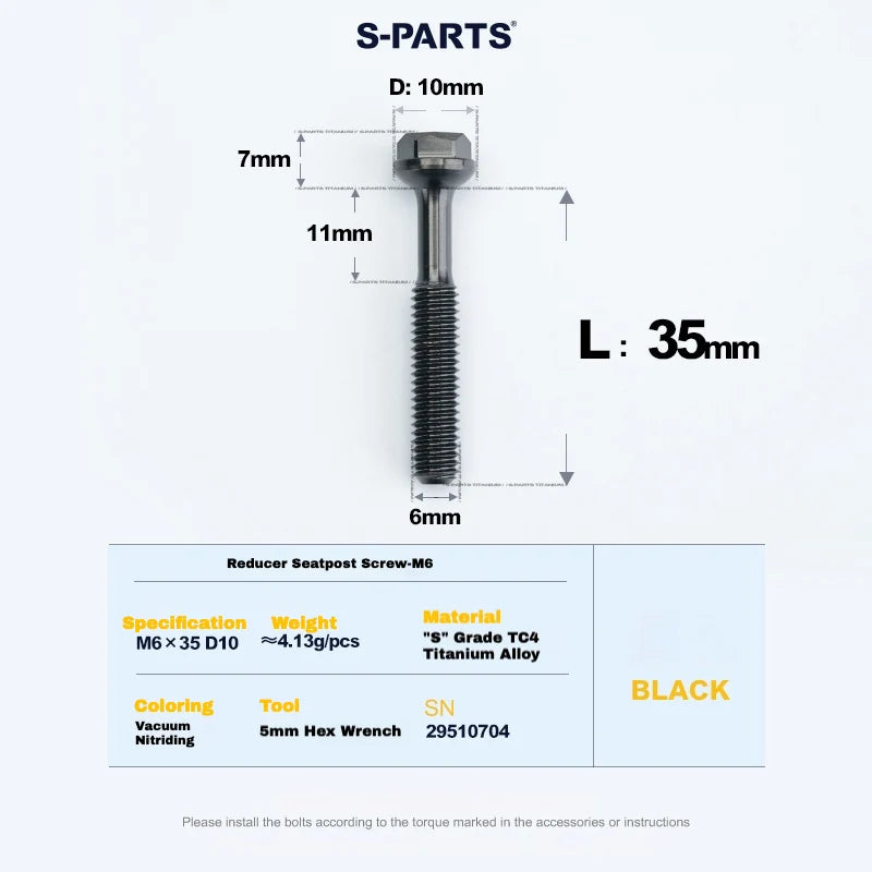 S-PARTS M6 Titanium Seatpost Step-Down Bolt & Nut Kit — 22 / 30 / 35 / 40mm — Black / 35mm