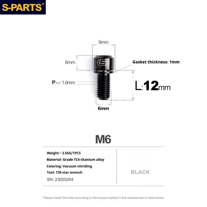 S-PARTS A2 M6 TC4 Titanium Bolts — 10–55mm — Multiple Colors — L12mm / Black