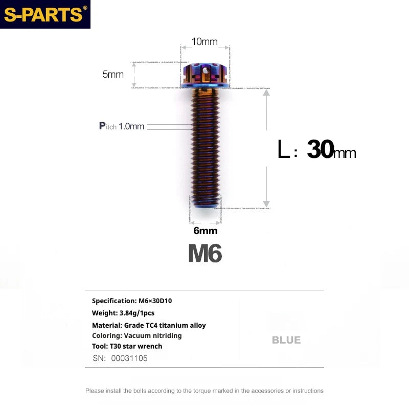 S-PARTS A3 M6 Titanium Bolts — 8–120mm — Blue — L30mm