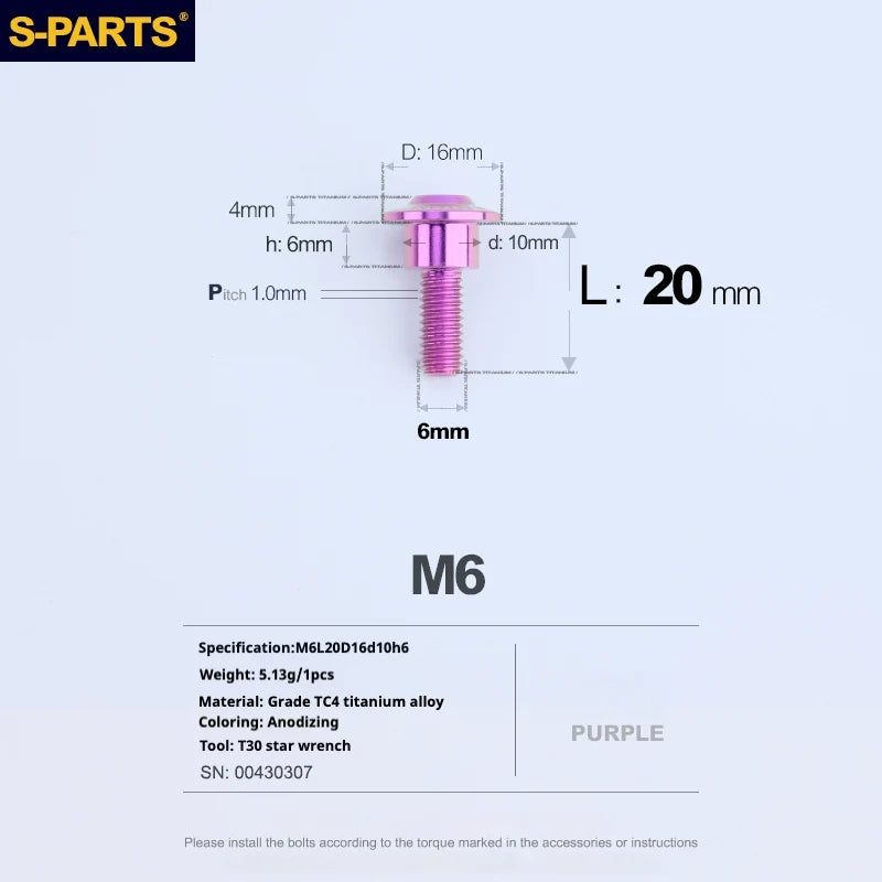 S-PARTS A3 M6 Umbrella Head Step Bolts — Purple — 36 Specifications — L20 D16 step screws D10 H6