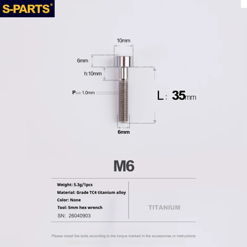 S-PARTS M6 Titanium Stem & Caliper Bolts — 30–70mm — 5mm Hex — L35mm