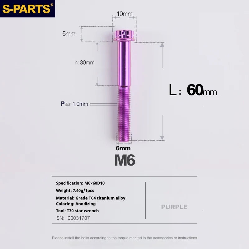 S-PARTS A3 M6 Titanium Bolts — 8–120mm — Purple — L60mm