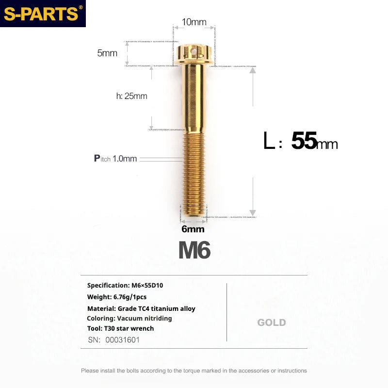 S-PARTS A3 M6 Titanium Bolts — 8–120mm — Gold — L55mm