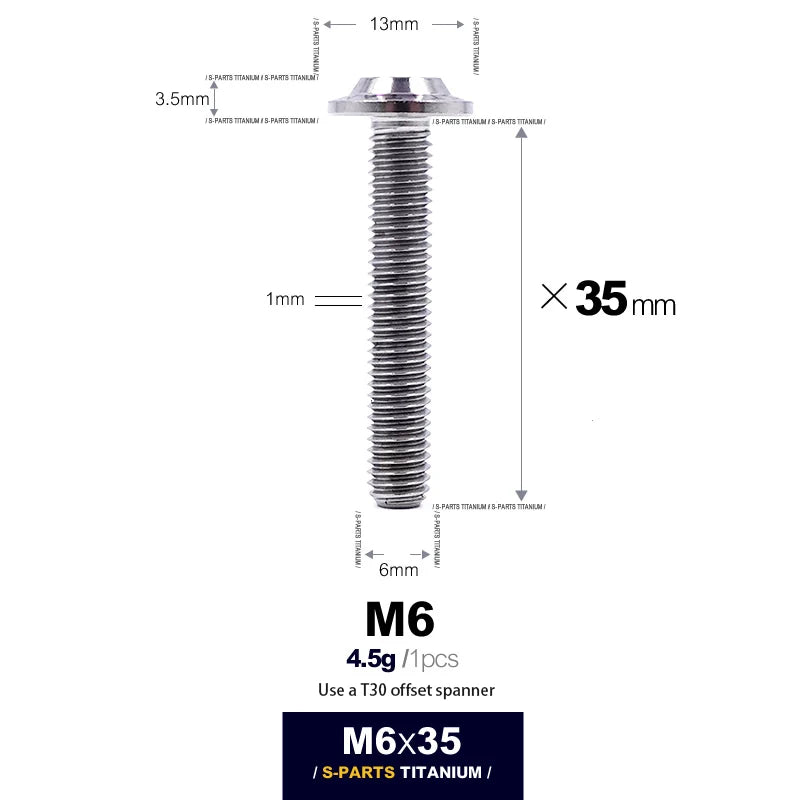 S-PARTS A3 D13 M6 Umbrella Head Titanium Bolts — 8–45mm — D13 M6×35mm