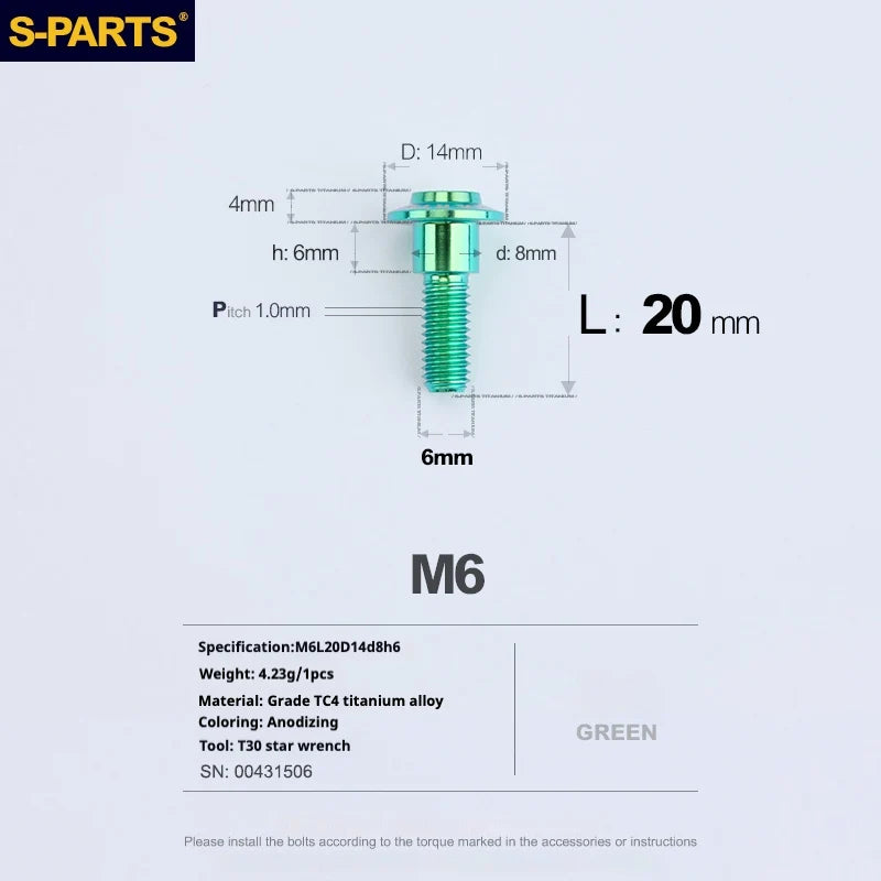 S-PARTS A3 M6 Umbrella Head Step Bolts — Green — 36 Specifications — L20 D14 step screws D8 H6