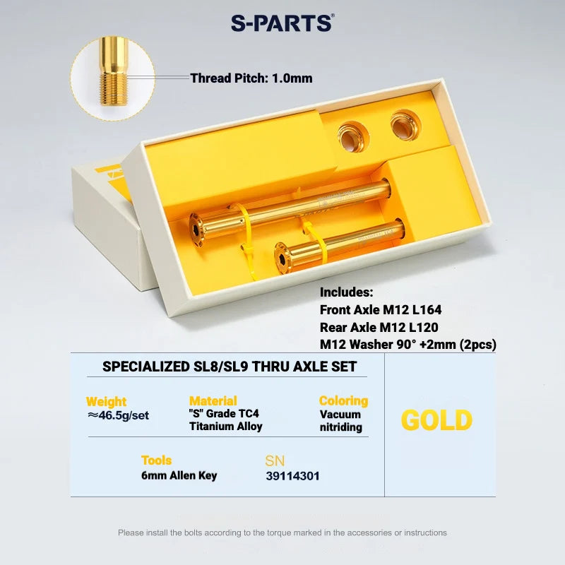 S-PARTS Titanium Quick Release Thru Axle for Specialized Road Bikes — Lightweight TC4 Titanium Upgrade — Standard SL / Gold