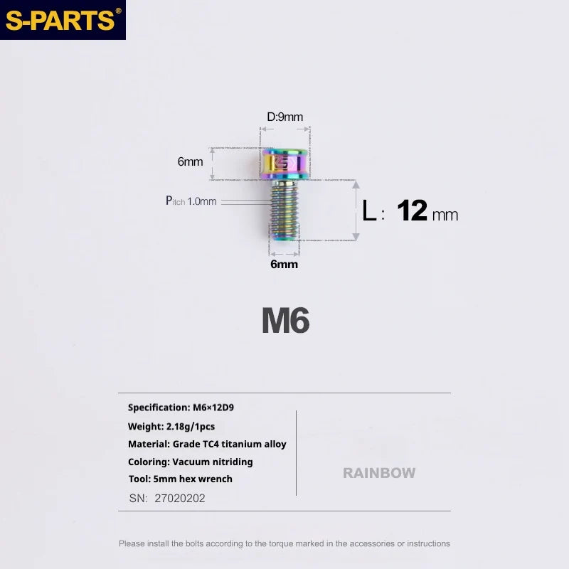 S-PARTS M6 Cylindrical Head Titanium Bolts — 10–25mm — M6×12mm / Rainbow