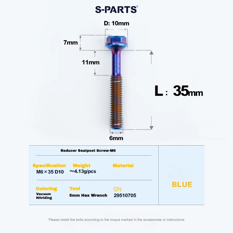 S-PARTS M6 Titanium Seatpost Step-Down Bolt & Nut Kit — 22 / 30 / 35 / 40mm — Blue / 35mm