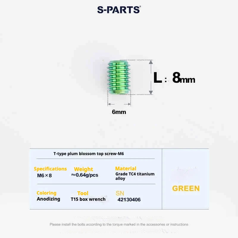 S-PARTS T15 M6 Flat-Bottom Titanium Set Screws — L8/L10/L12/L16 — L08mm / Green