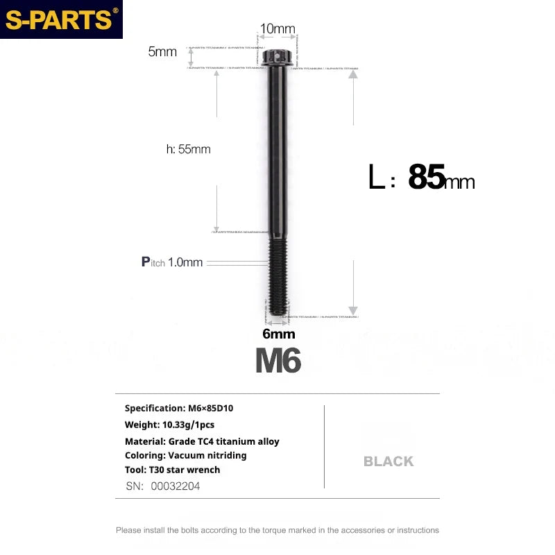 S-PARTS A3 M6 Titanium Bolts — 8–120mm — Black — L85mm