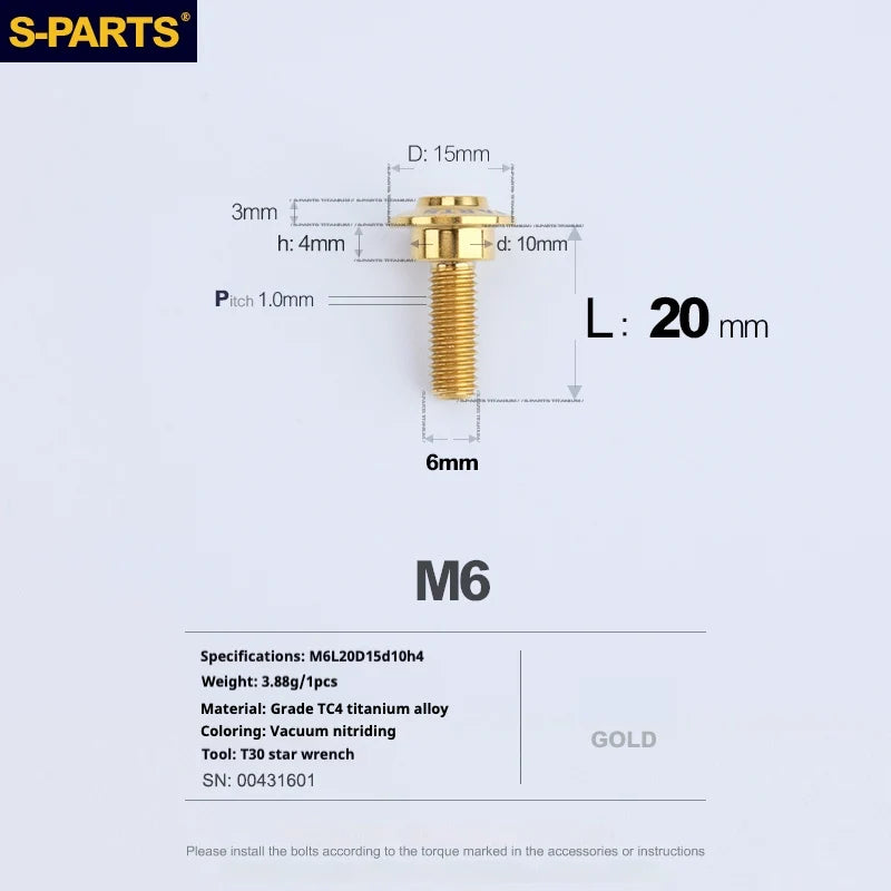 S-PARTS A3 M6 Umbrella Head Step Bolts — Gold — 36 Specifications — L20 D15 step screws D10 H4