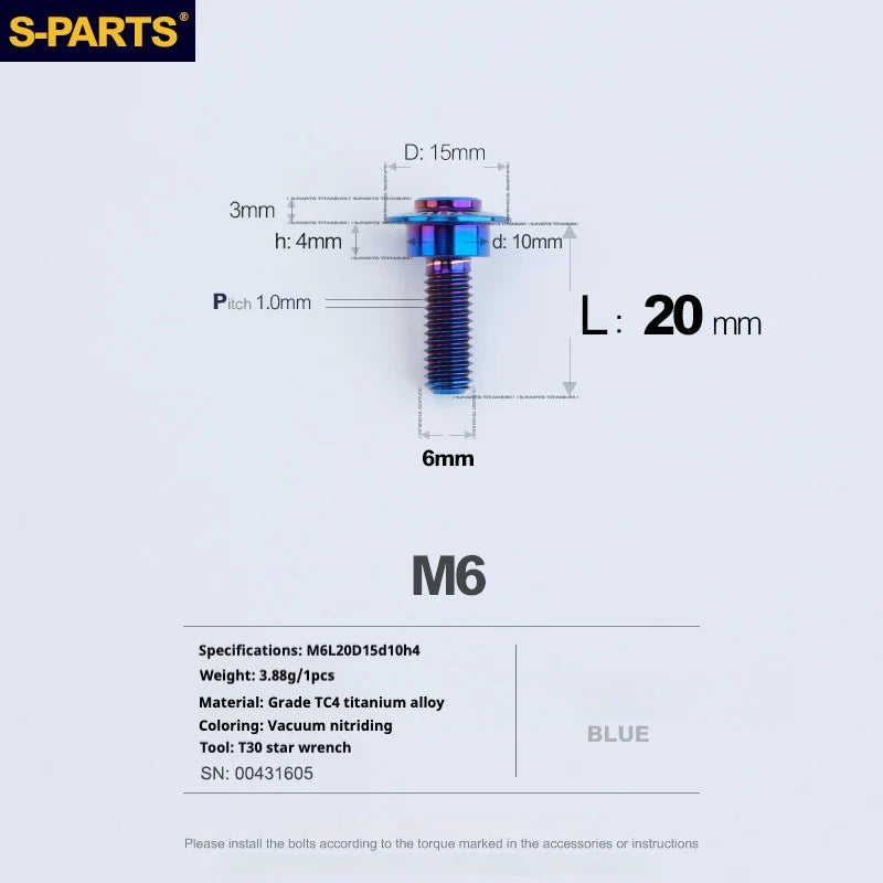 S-PARTS A3 M6 Umbrella Head Step Bolts — Blue — 36 Specifications — L20 D15 step screws D10 H4