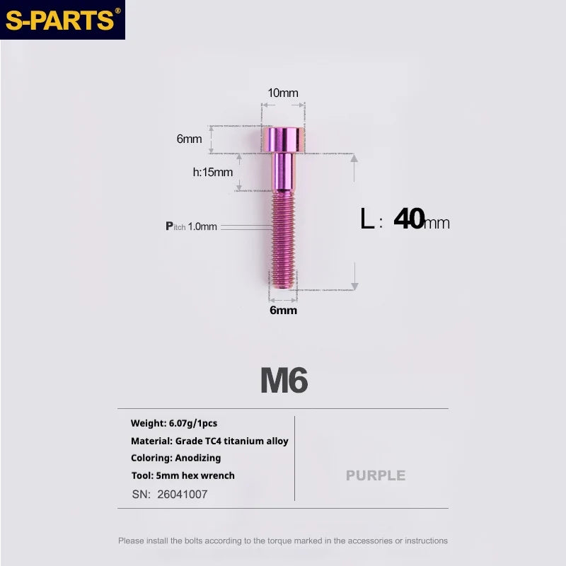 S-PARTS M6 Titanium Stem & Caliper Bolts — 30–70mm — 5mm Hex — L40mm / Purple