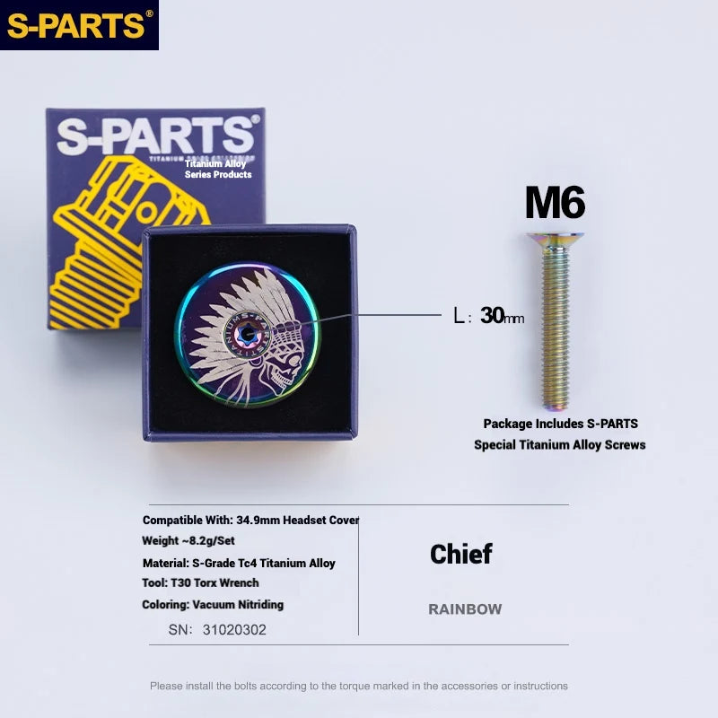 S-PARTS Titanium OD2 34.9 mm Laser Headset Cap — CNC Machined — Multiple Designs Available — Chief (Set) Rainbow