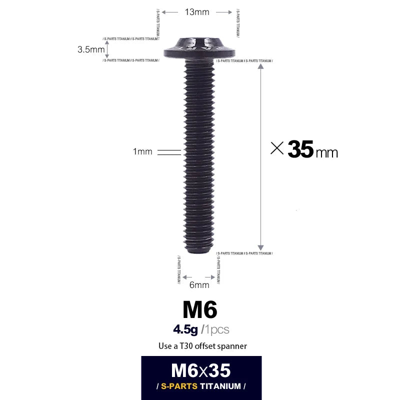S-PARTS A3 D13 M6 Umbrella Head Titanium Bolts — 8–45mm — D13 M6×35mm / Black