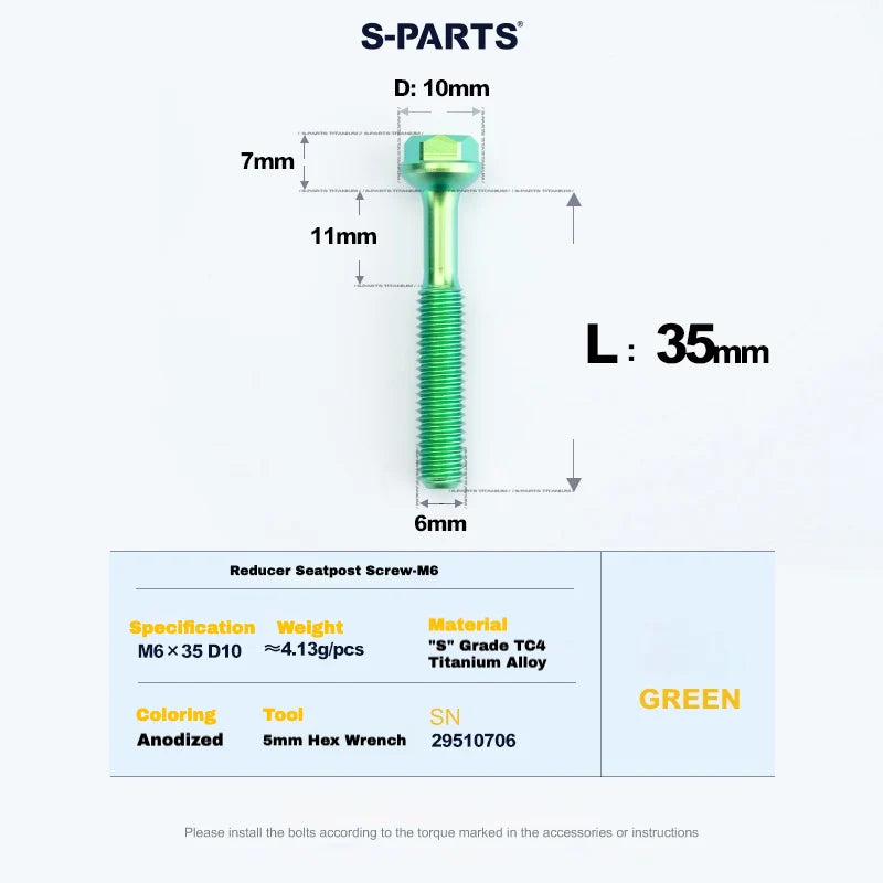 S-PARTS M6 Titanium Seatpost Step-Down Bolt & Nut Kit — 22 / 30 / 35 / 40mm — Green / 35mm