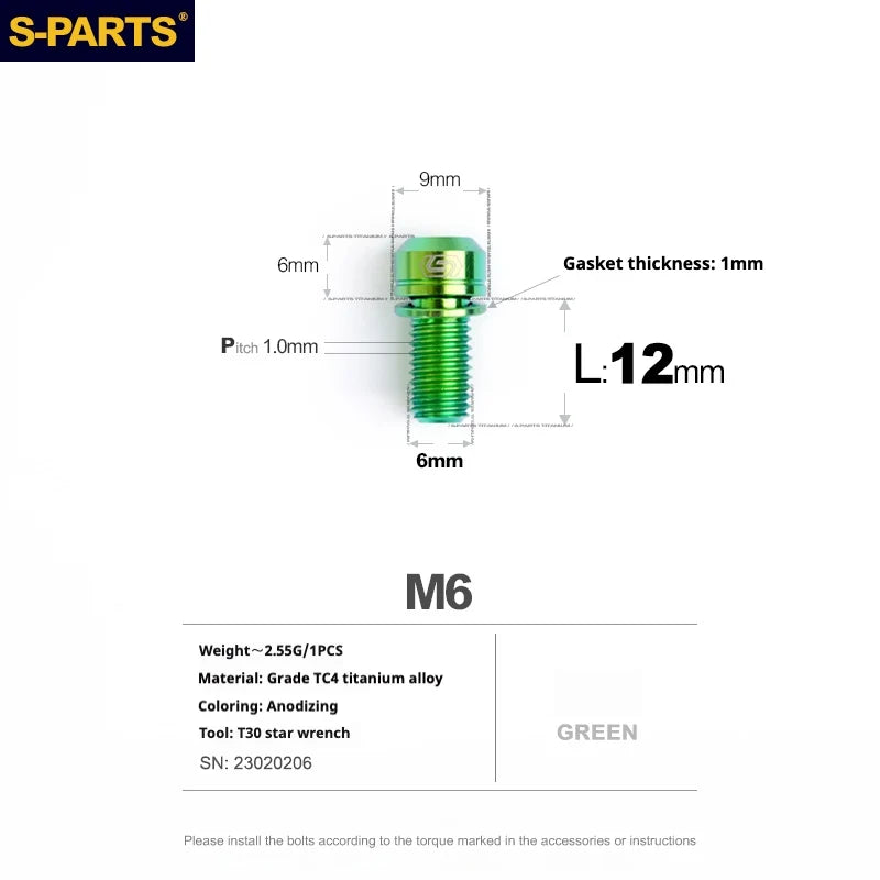 S-PARTS A2 M6 TC4 Titanium Bolts — 10–55mm — Multiple Colors — L12mm / Green