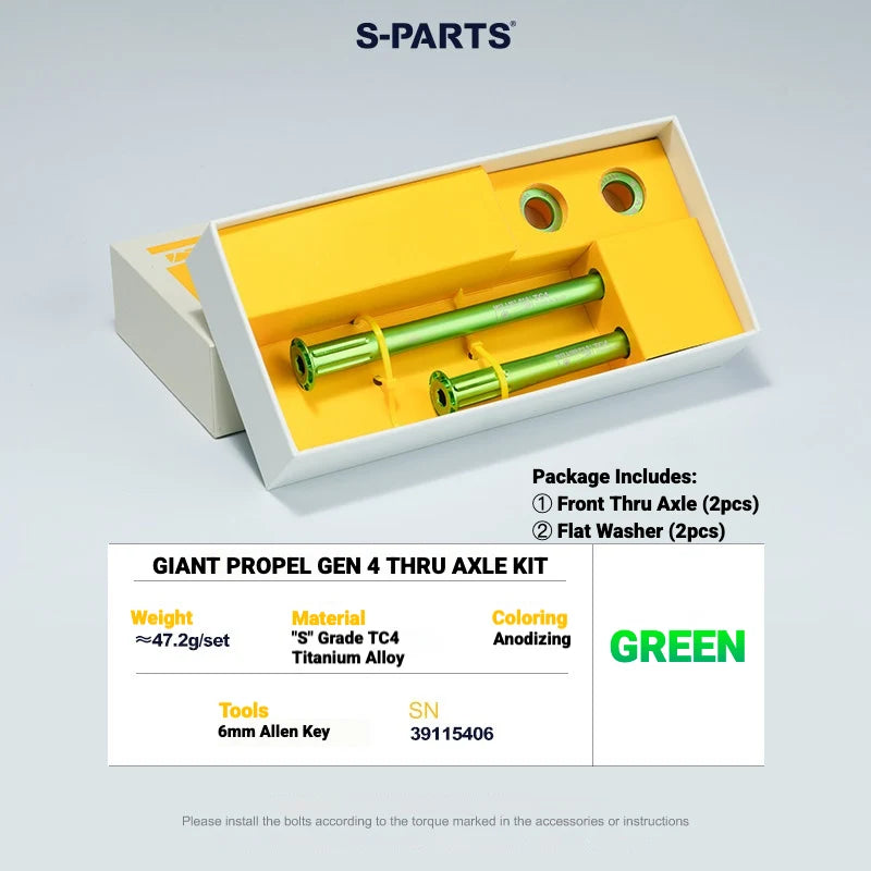 S-PARTS Titanium Quick Release Thru Axle for Giant Road Bikes — Lightweight TC4 — GIANT Propel Gen 4 Thru Axle Kit / Green
