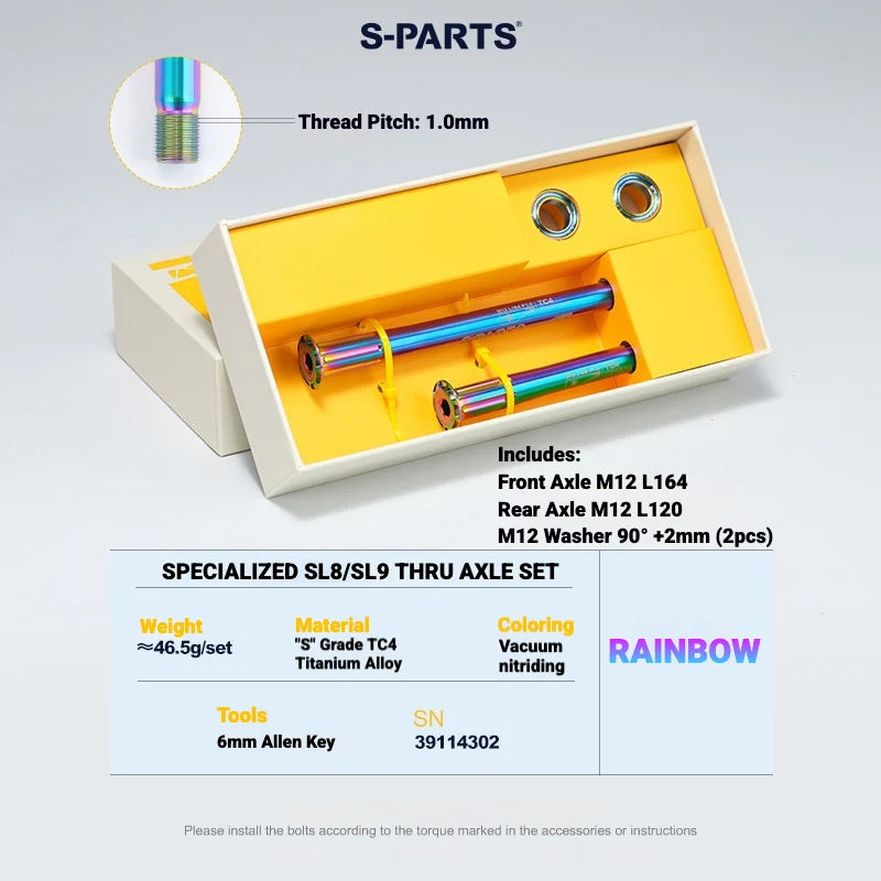 S-PARTS Titanium Quick Release Thru Axle for Specialized Road Bikes — Lightweight TC4 Titanium — Standard SL / Rainbow