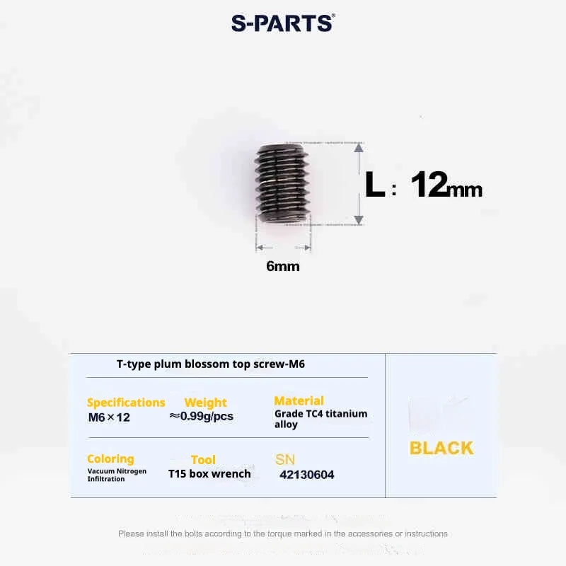 S-PARTS T15 M6 Flat-Bottom Titanium Set Screws — L8/L10/L12/L16 — L12mm / Black