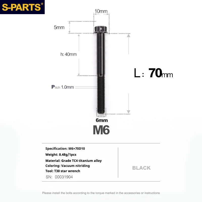 S-PARTS A3 M6 Titanium Bolts — 8–120mm — Black — L70mm