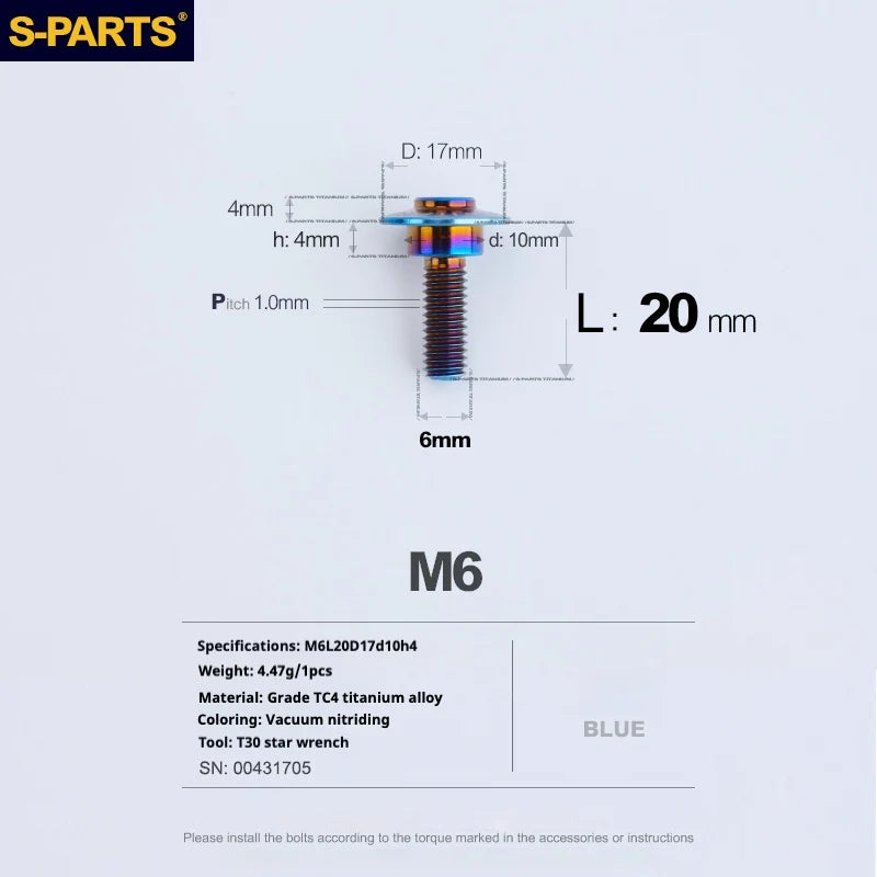 S-PARTS A3 M6 Umbrella Head Step Bolts — Blue — 36 Specifications — L20 D17 step screws D10 H4
