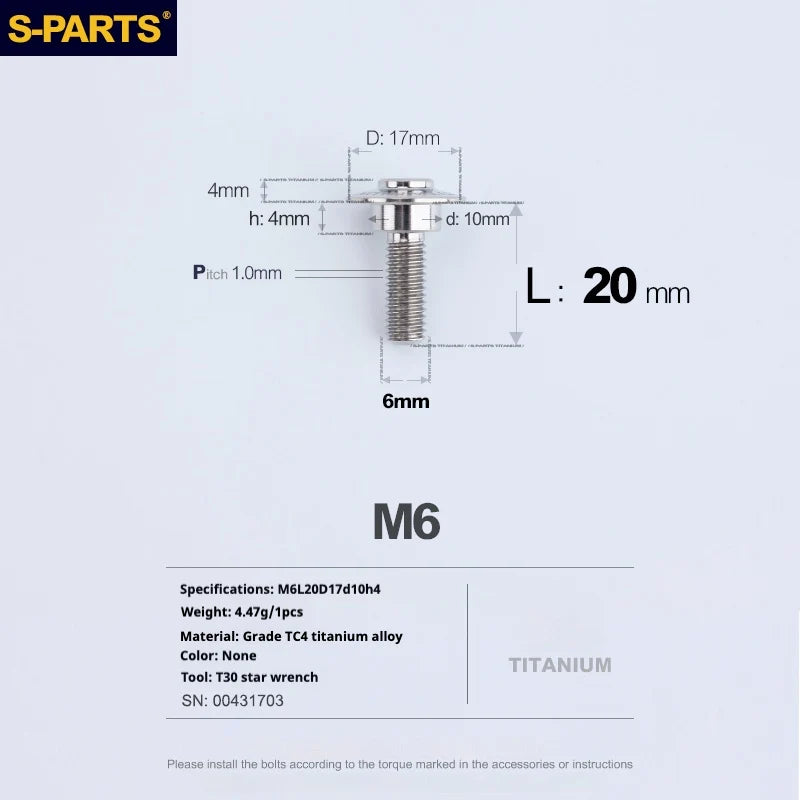 S-PARTS A3 M6 Umbrella Head Step Bolts — Titanium — 36 Specifications — L20 D17 step screws D10 H4