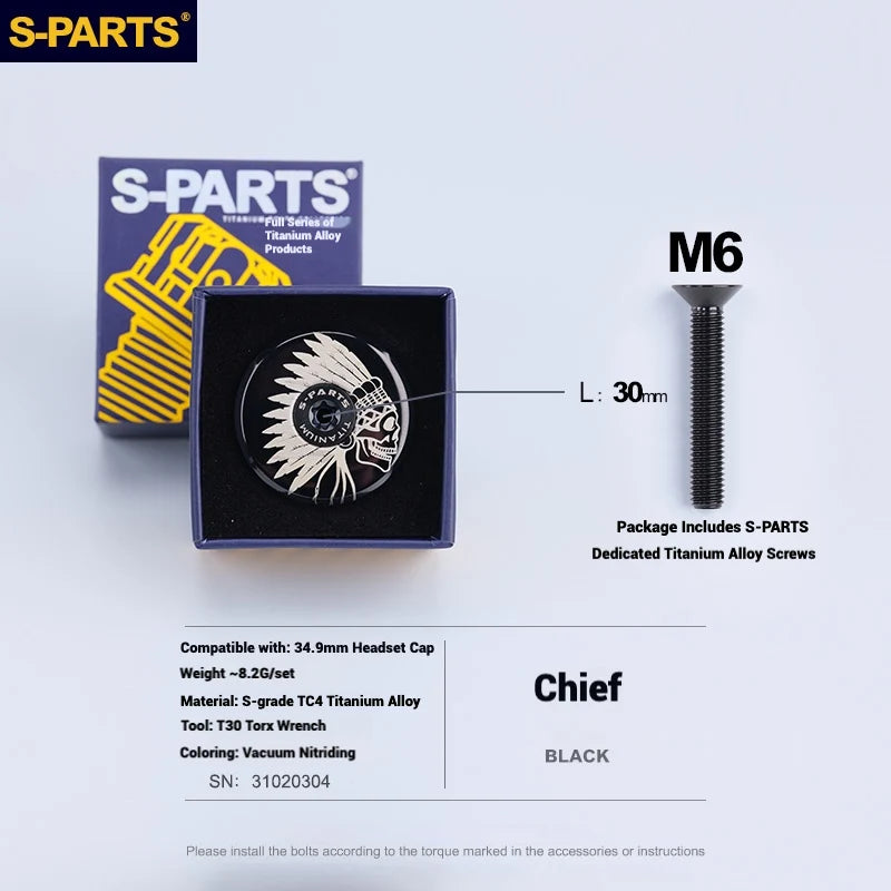 S-PARTS Titanium OD2 34.9 mm Laser Headset Cap — CNC Machined — Multiple Designs Available — Chief (Set) Black