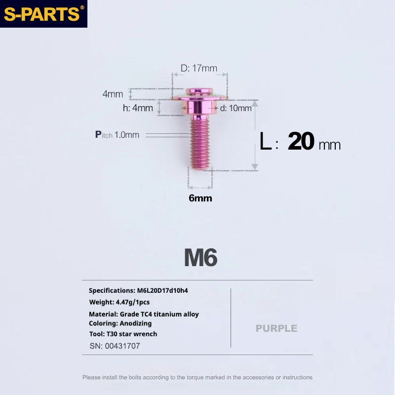 S-PARTS A3 M6 Umbrella Head Step Bolts — Purple — 36 Specifications — L20 D17 step screws D10 H4