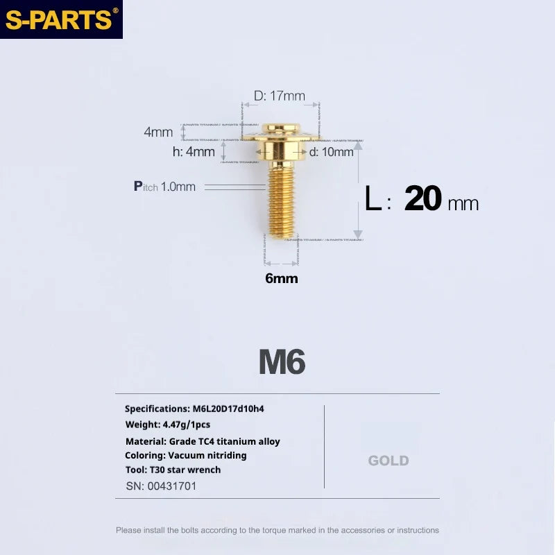 S-PARTS A3 M6 Umbrella Head Step Bolts — Gold — 36 Specifications — L20 D17 step screws D10 H4