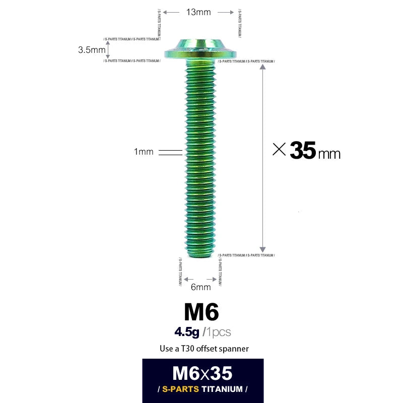 S-PARTS A3 D13 M6 Umbrella Head Titanium Bolts — 8–45mm — D13 M6×35mm / Green