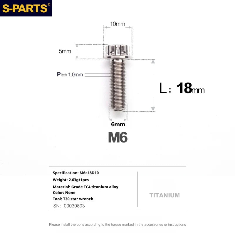 S-PARTS A3 M6 Titanium Bolts — 8–120mm — Titanium Finish — L18mm