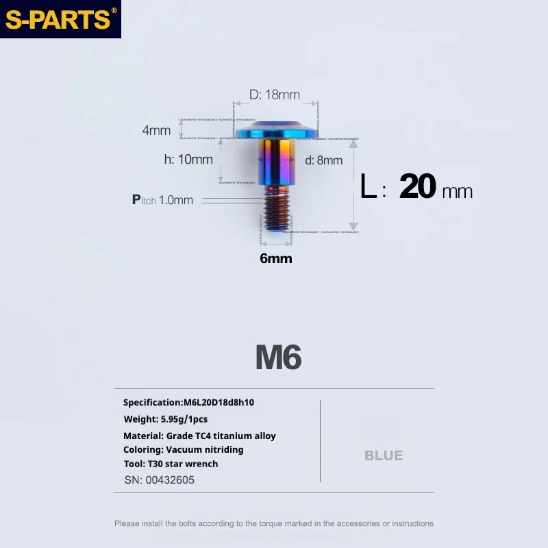 S-PARTS A3 M6 Umbrella Head Step Bolts — Blue — 36 Specifications — L20 D18 step screws D8 H10