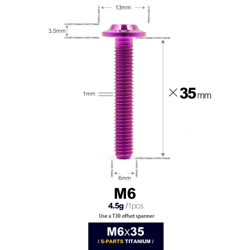 S-PARTS A3 D13 M6 Umbrella Head Titanium Bolts — 8–45mm — D13 M6×35mm / Purple
