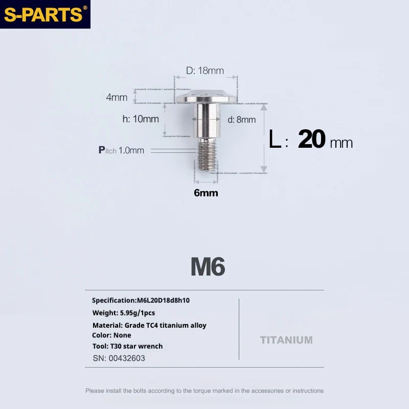 S-PARTS A3 M6 Umbrella Head Step Bolts — Titanium — 36 Specifications — L20 D18 step screws D8 H10