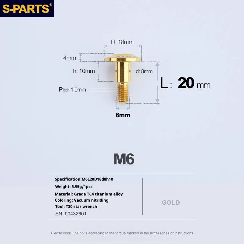 S-PARTS A3 M6 Umbrella Head Step Bolts — Gold — 36 Specifications — L20 D18 step screws D8 H10