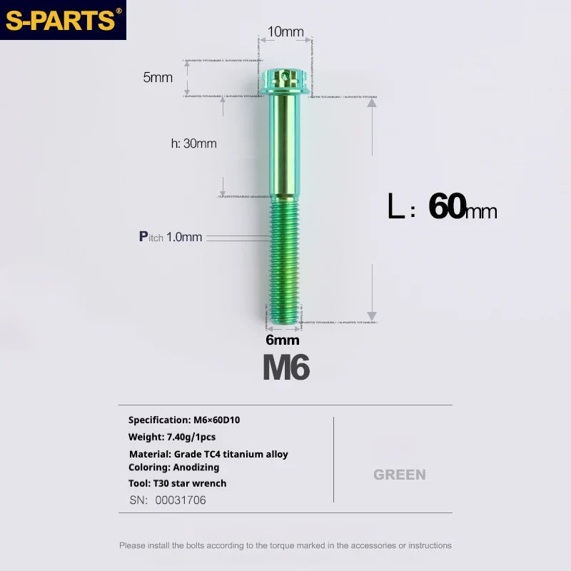 S-PARTS A3 M6 Titanium Bolts — 8–120mm — Green — L60mm