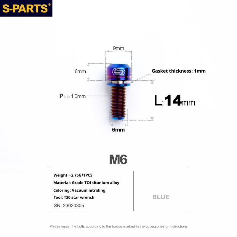 S-PARTS A2 M6 TC4 Titanium Bolts — 10–55mm — Multiple Colors — L14mm / Blue
