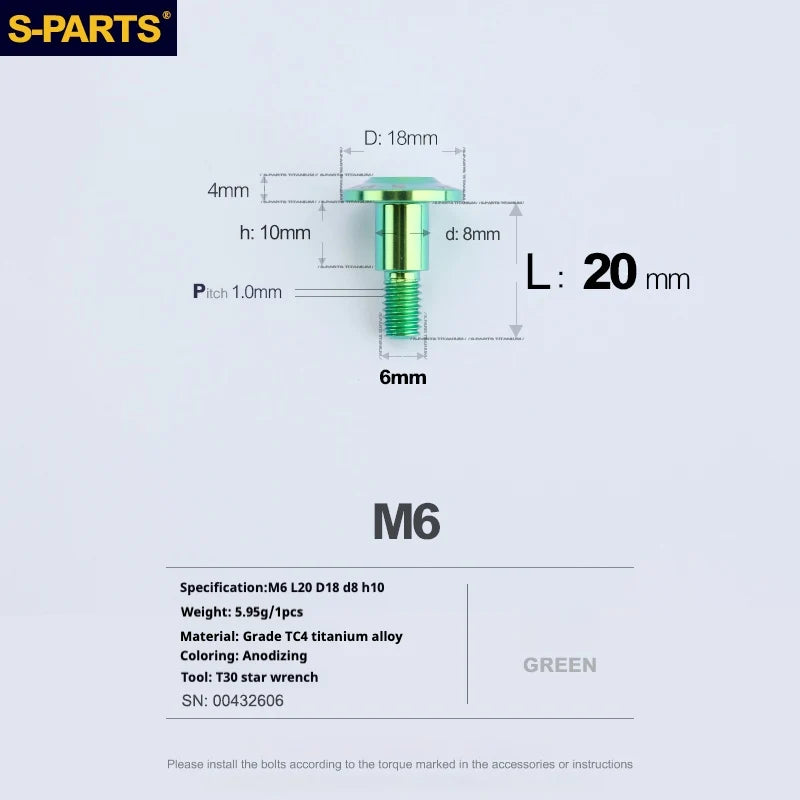 S-PARTS A3 M6 Umbrella Head Step Bolts — Green — 36 Specifications — L20 D18 step screws D8 H10