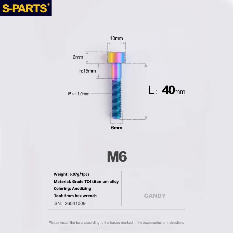 S-PARTS M6 Titanium Stem & Caliper Bolts — 30–70mm — 5mm Hex — L40mm / Candy