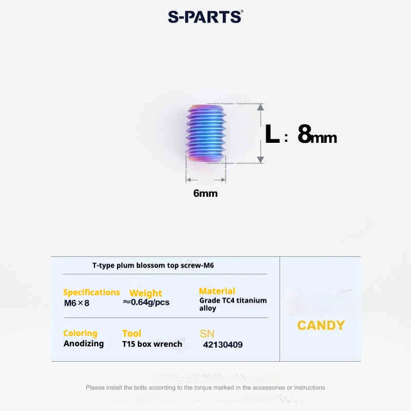 S-PARTS T15 M6 Flat-Bottom Titanium Set Screws — L8/L10/L12/L16 — L08mm / Candy