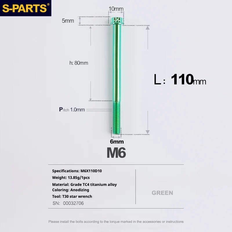 S-PARTS A3 M6 Titanium Bolts — 8–120mm — Green — L110mm