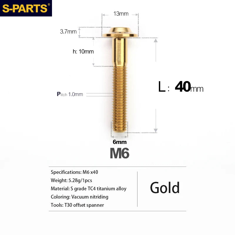 S-PARTS A3 D13 M6 Umbrella Head Titanium Bolts — 8–45mm — D13 M6×40mm / Gold